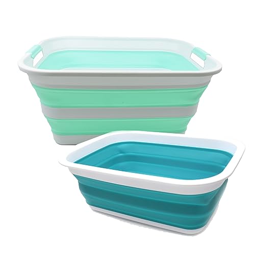 SAMMART 2 pcs Set : 42L (11 Gallon) Collapsible Plasic Laundry Basket & 9.2L (2.37 Gallon) Collapsible RectangularTub (Laundry Basket+Tub, Light Green+Bright Blue)