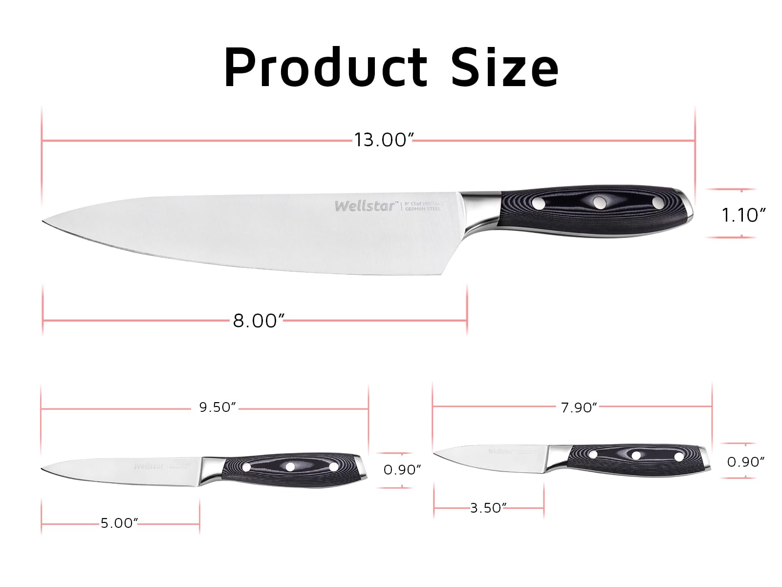 WELLSTAR Pro-Grade 3-Piece Chef Knife Set - Razor-Sharp High-Carbon Steel for Culinary Mastery at Home or Pro Kitchens