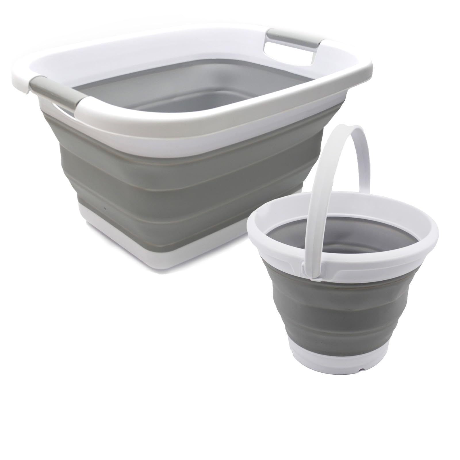 SAMMART 2 pcs Set : 25L (6.6 Gallon) Collapsible Plasic Laundry Basket & 5.5L (1.4 Gallon) Collapsible Bucket/Waterpot (Laundry Basket+Bucket, Grey+Grey)