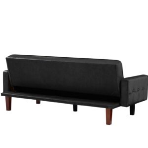 HoynPuko Multi-Functional Convertible Double Folding PU Leather Sofa Bed Living Room Furniture with Removable Wooden Legs, Adjustable Button Tufted Backrest, 74.41" W x 32.67" D x 29.13" H Black