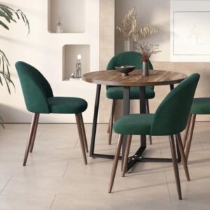 INO Design 5-Pieces Modern 35'' Inch Round Wooden Dining Table Set for 4 Comfortable Velvet Chairs, Space Saving Kitchen Furniture, Small Apartment Coffee Table Set (Green)