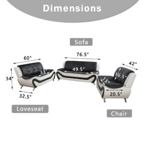 JFlove Modern Leather Sofa Set, Sectional Couches in Faux Leather - A-Leather Black&White, Living Room Furniture for 6 Seater, Includes Sofa, Loveseat, Chair