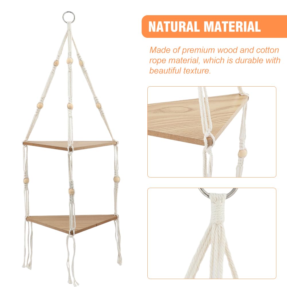 Jaeskeclip Macrame Hanging Shelf, Hanging Shelves, 2 Tier Hanging Shelf Room Wall Decor with Cotton Rope, Rope Floating Shelf for Apartment, Bathroom, Living Room, Bedroom