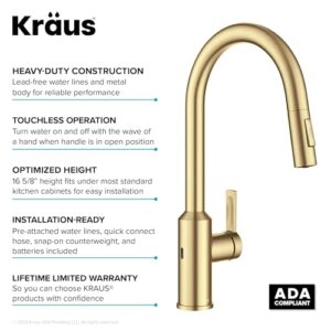 KRAUS Oletto Touchless Sensor Pull-Down Single Handle Kitchen Faucet in Brushed Brass, KSF-2830BB