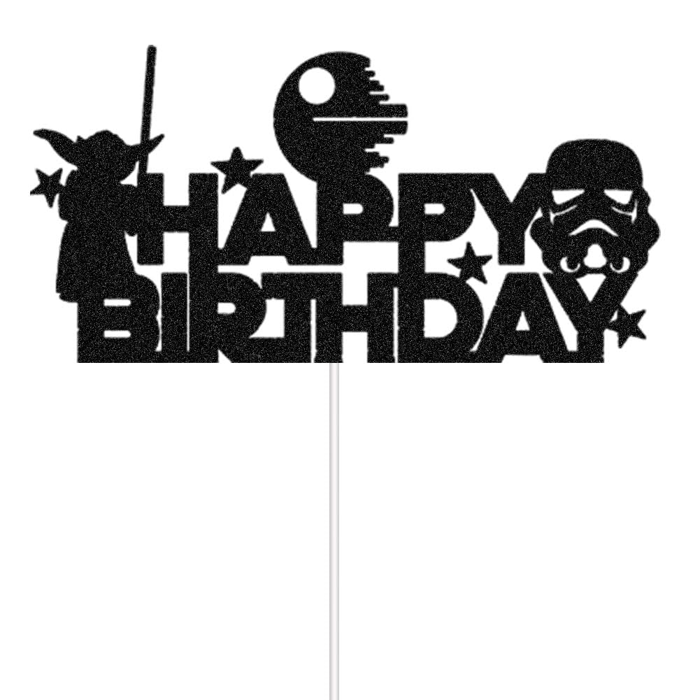 Alien Wars Happy Birthday Cake Topper Cartoon Cute Space Theme Black Glitter Decor for Baby Shower Birthday Party Decorations Supplies