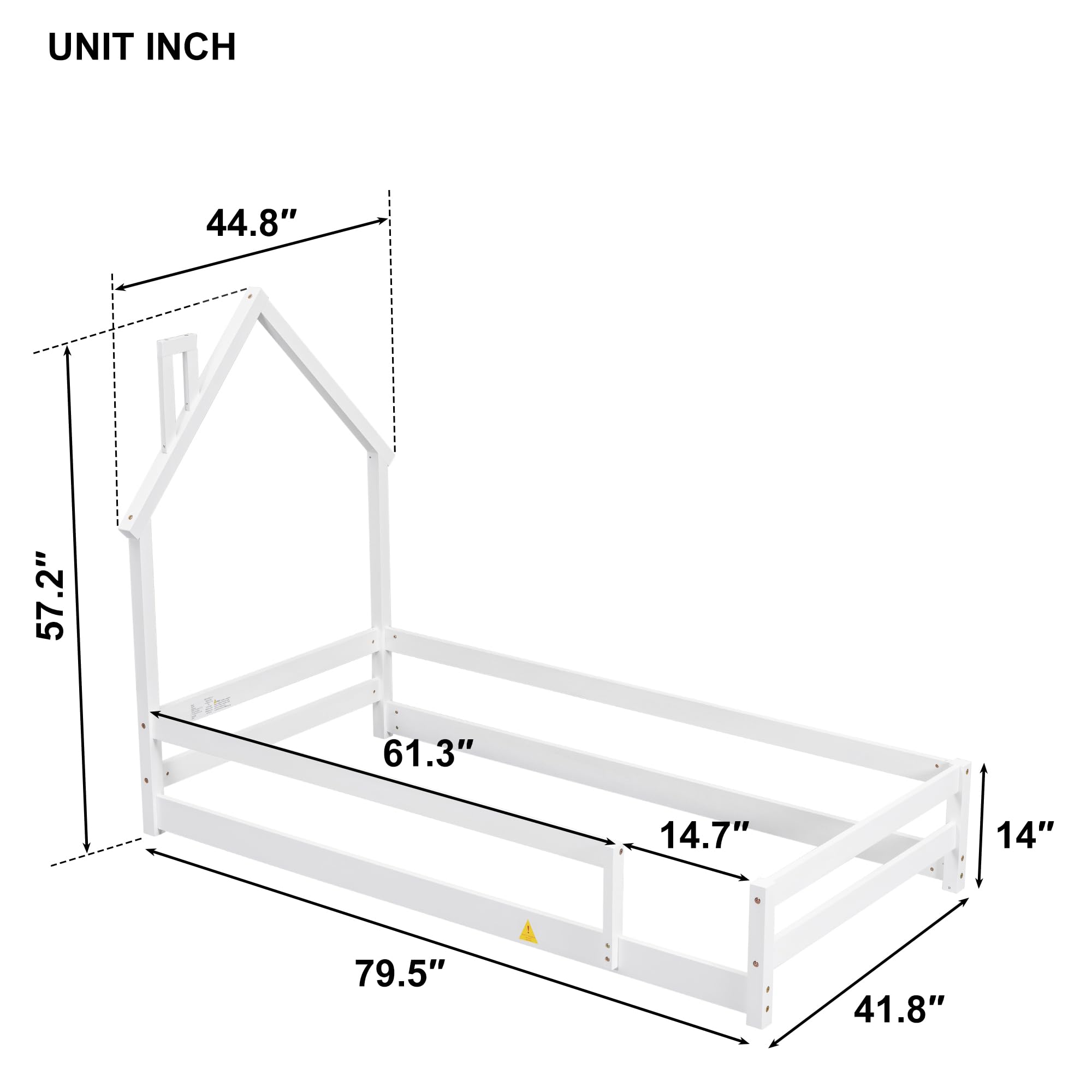 Harper & Bright Designs Twin Size Floor Bed with Rails and House-Shaped Headboard, Wood Twin Montessori Floor Bed Frame,Twin Platform Bed,Twin House Bed for Kids Girls Boys, Box Spring Needed (White)