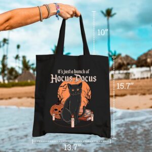 GXVUIS It's Just A Bunch Of Hocus Pocus Canvas Tote Bag for Women Halloween Black Cat Graphic Reusable Grocery Shopping Bags Black