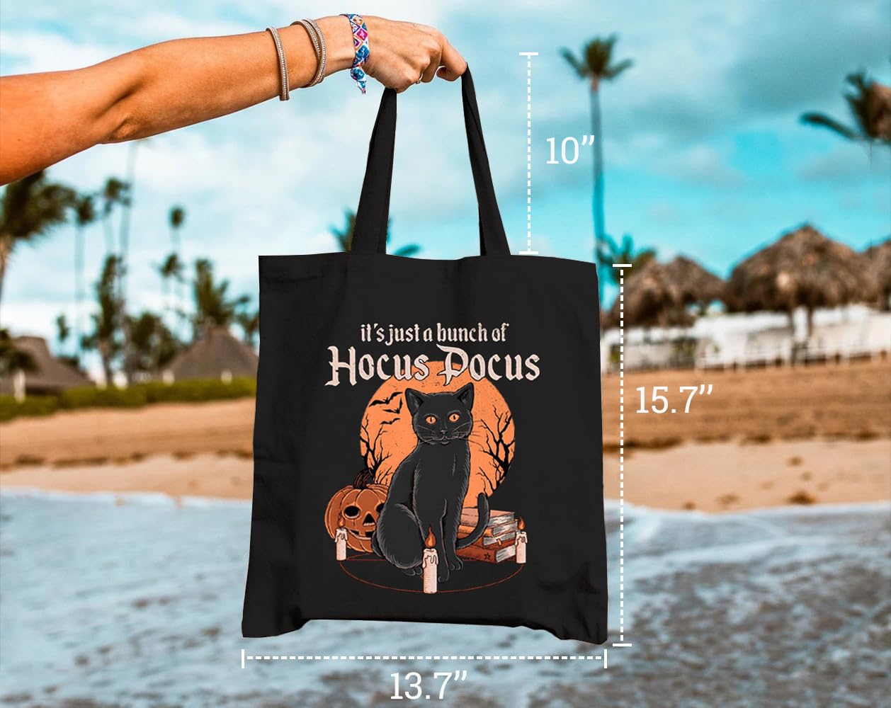 GXVUIS It's Just A Bunch Of Hocus Pocus Canvas Tote Bag for Women Halloween Black Cat Graphic Reusable Grocery Shopping Bags Black