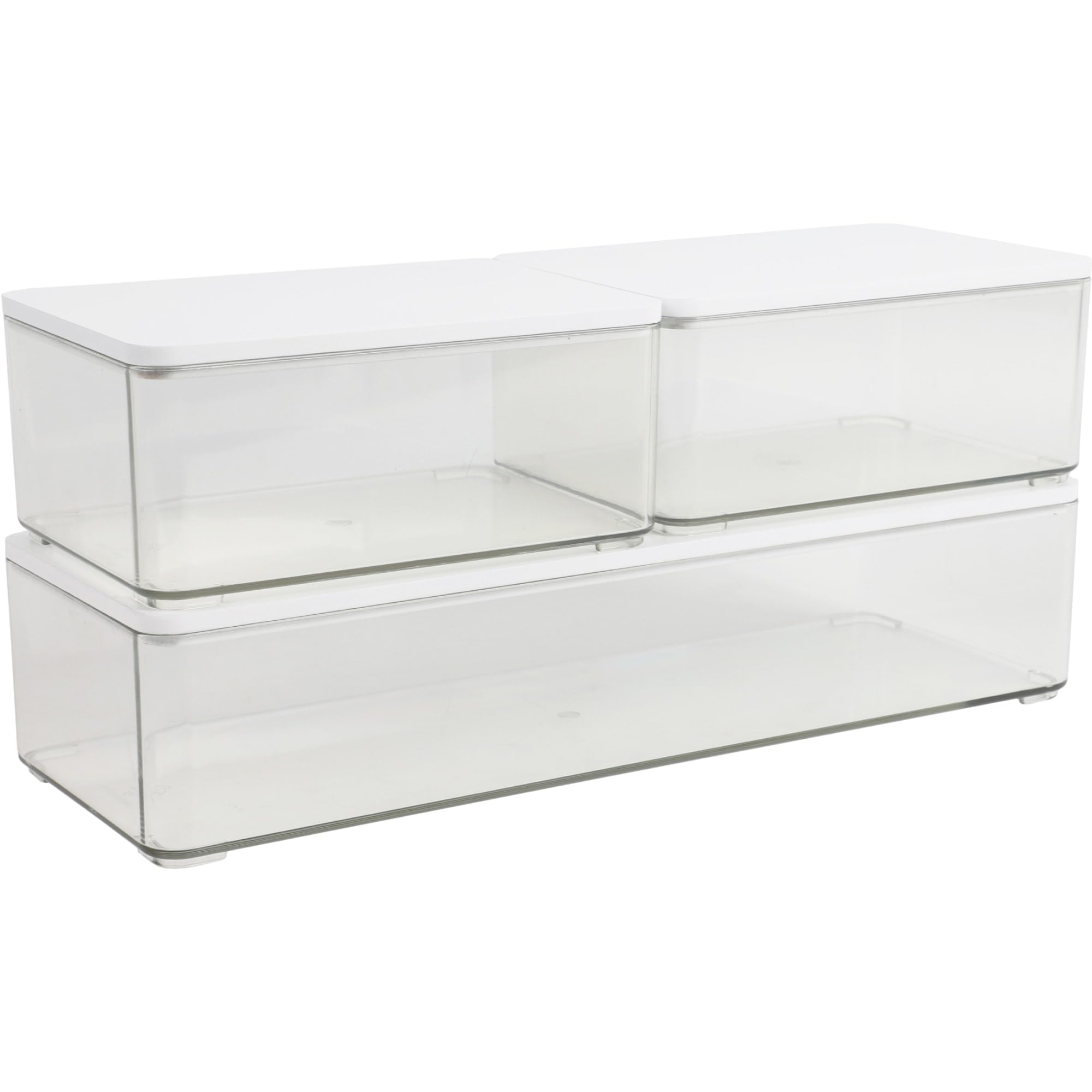 Martha Stewart Grady Clear Plastic Stackable Storage Boxes with White Engineered Wood Lids, Set of 3