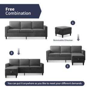 ijuicy Convertible Sectional Sofa Couch, L Shaped Upholstered Couch with Movable Storage Ottoman & Side Pockets, Modern Linen Fabric Couches for Living Room,Apartment,Office (Dark Grey)