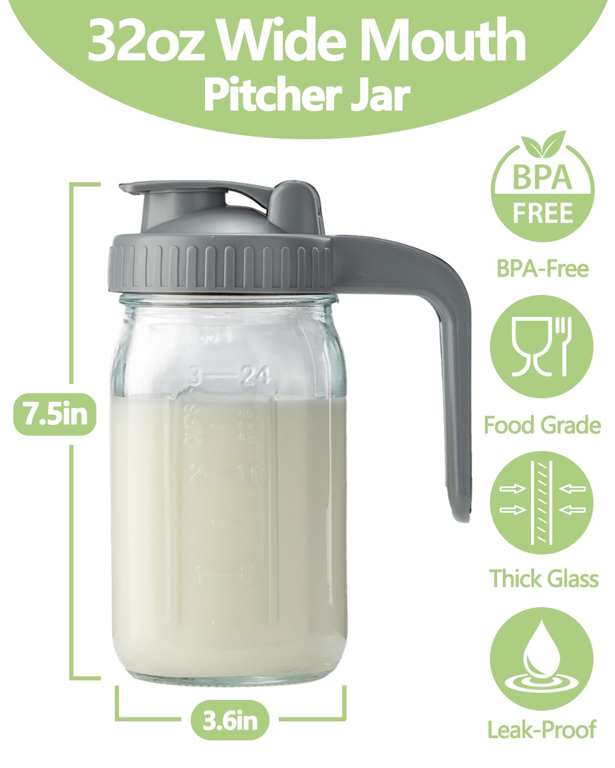 32oz Glass Pitcher with Lid & V-shaped Pour Spout - 1 Quart Breastmilk Pitcher Double Leak Proof, Creamer Container for Sun Tea, Juice, Cold Brew Coffee, Breastmilk Storage Container