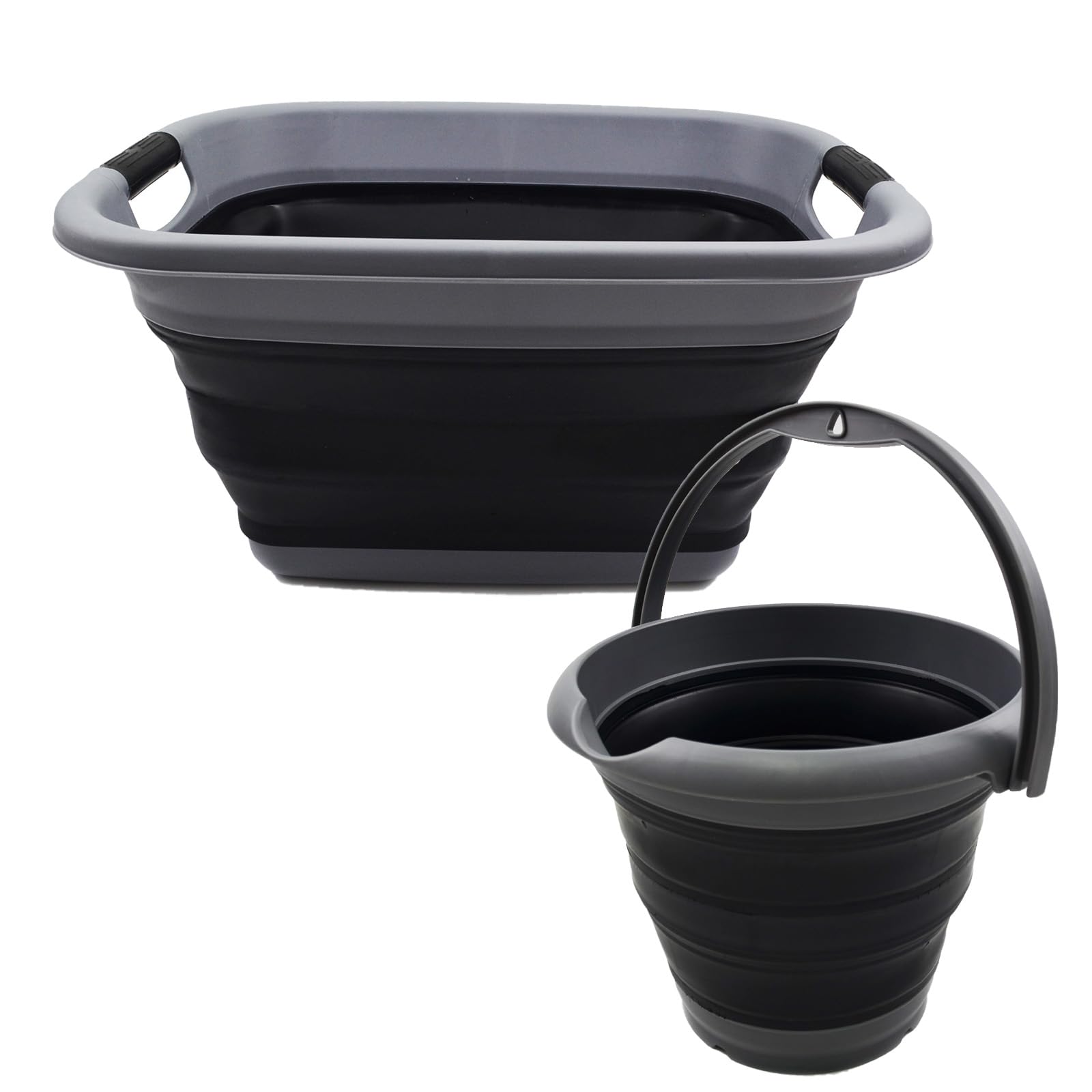 SAMMART 2 pcs Set : 25L (6.6 Gallon) Collapsible Plasic Laundry Basket & 5L (1.32 Gallon) Collapsible Bucket (Laundry Basket+Bucket, Black+Black)