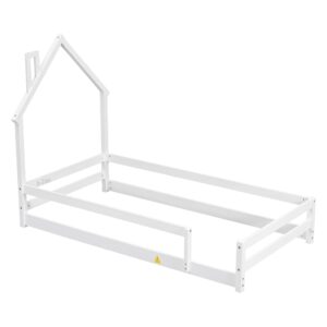 Harper & Bright Designs Twin Size Floor Bed with Rails and House-Shaped Headboard, Wood Twin Montessori Floor Bed Frame,Twin Platform Bed,Twin House Bed for Kids Girls Boys, Box Spring Needed (White)