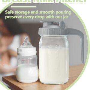 32oz Glass Pitcher with Lid & V-shaped Pour Spout - 1 Quart Breastmilk Pitcher Double Leak Proof, Creamer Container for Sun Tea, Juice, Cold Brew Coffee, Breastmilk Storage Container