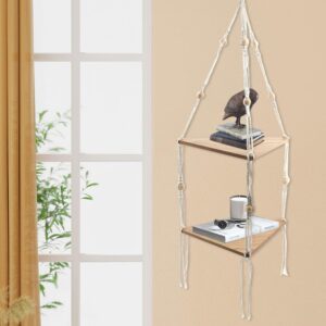 Jaeskeclip Macrame Hanging Shelf, Hanging Shelves, 2 Tier Hanging Shelf Room Wall Decor with Cotton Rope, Rope Floating Shelf for Apartment, Bathroom, Living Room, Bedroom