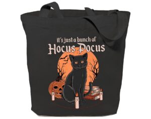 gxvuis it's just a bunch of hocus pocus canvas tote bag for women halloween black cat graphic reusable grocery shopping bags black