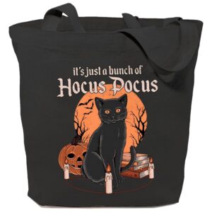 GXVUIS It's Just A Bunch Of Hocus Pocus Canvas Tote Bag for Women Halloween Black Cat Graphic Reusable Grocery Shopping Bags Black