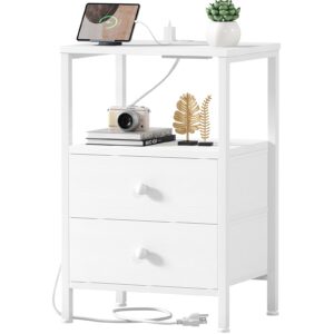 kai-road white night stand with charging station and usb ports, small nightstand with drawers and shelf storage end table for bedroom, dorm, modern bedside table