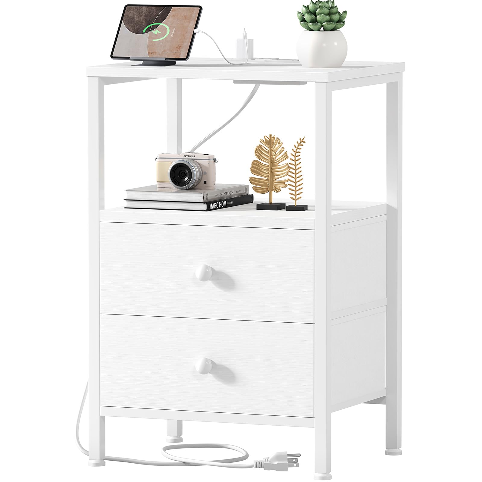 KAI-ROAD White Night Stand with Charging Station and USB Ports, Small Nightstand with Drawers and Shelf Storage End Table for Bedroom, Dorm, Modern Bedside Table