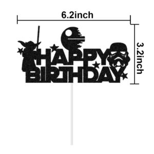 Alien Wars Happy Birthday Cake Topper Cartoon Cute Space Theme Black Glitter Decor for Baby Shower Birthday Party Decorations Supplies