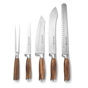 Zebra Wood, 6-Piece BBQ Knife Set, Fully Forged Stainless Steel Grilling Utensils Including Brisket Knife, Butcher Knife, Chef's Knife, Boning Knife, Carving Fork, Knife Carrying Roll