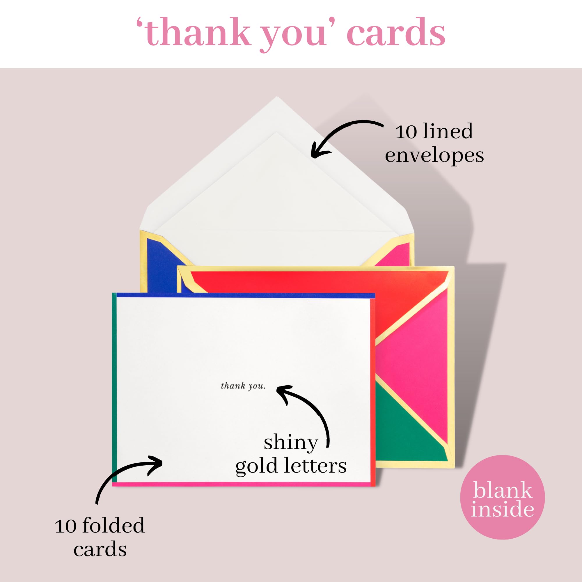 kate spade new york Blank Thank You Cards, Stationery Set with 10 Cards and Envelopes, Colorblock