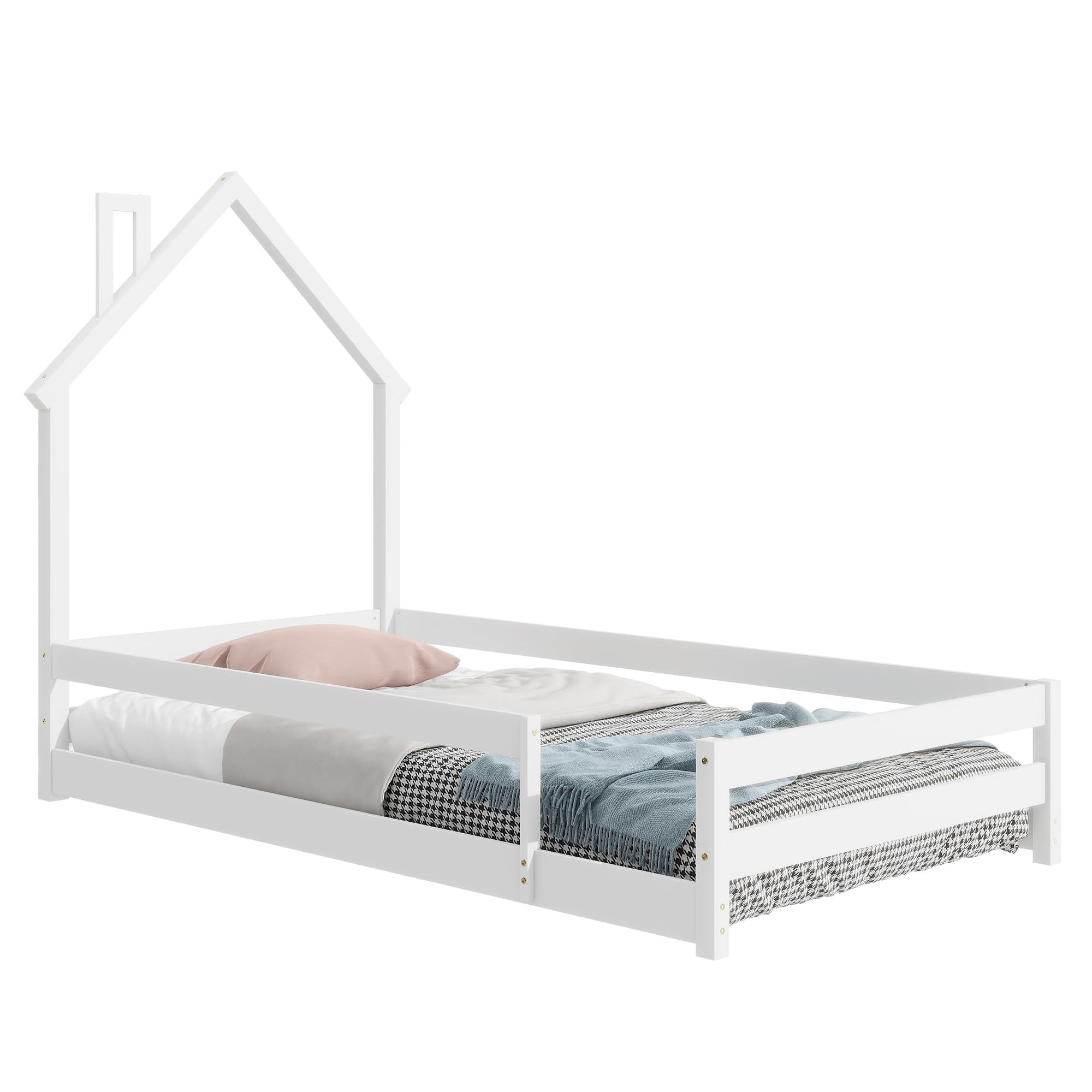 Harper & Bright Designs Twin Size Floor Bed with Rails and House-Shaped Headboard, Wood Twin Montessori Floor Bed Frame,Twin Platform Bed,Twin House Bed for Kids Girls Boys, Box Spring Needed (White)