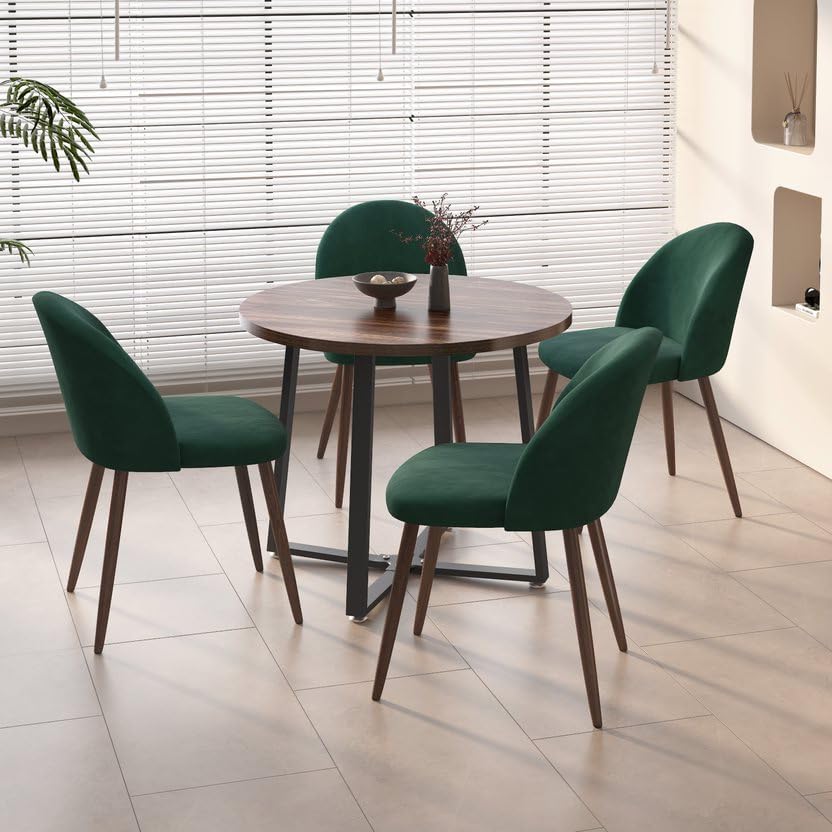 INO Design 5-Pieces Modern 35'' Inch Round Wooden Dining Table Set for 4 Comfortable Velvet Chairs, Space Saving Kitchen Furniture, Small Apartment Coffee Table Set (Green)