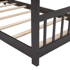 Montessori Floor Bed Frame Twin Size, Twin Floor Bed Frame with Headboard, Footboard and Slats, Wood Montessori Bed Frame/Montessori House Bed for Kids, Girls, Boys(Espresso)