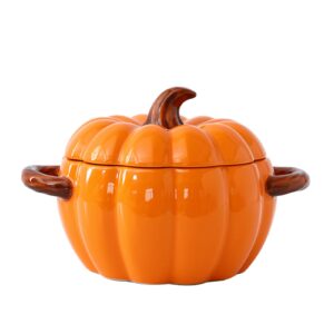 dutch oven pot with lid, pumpkin pottery dessert saucepan, mini baking dish cute pumpkin bowl, covered dutch oven ceramic stockpot, pumpkin-shaped casserole (orange)