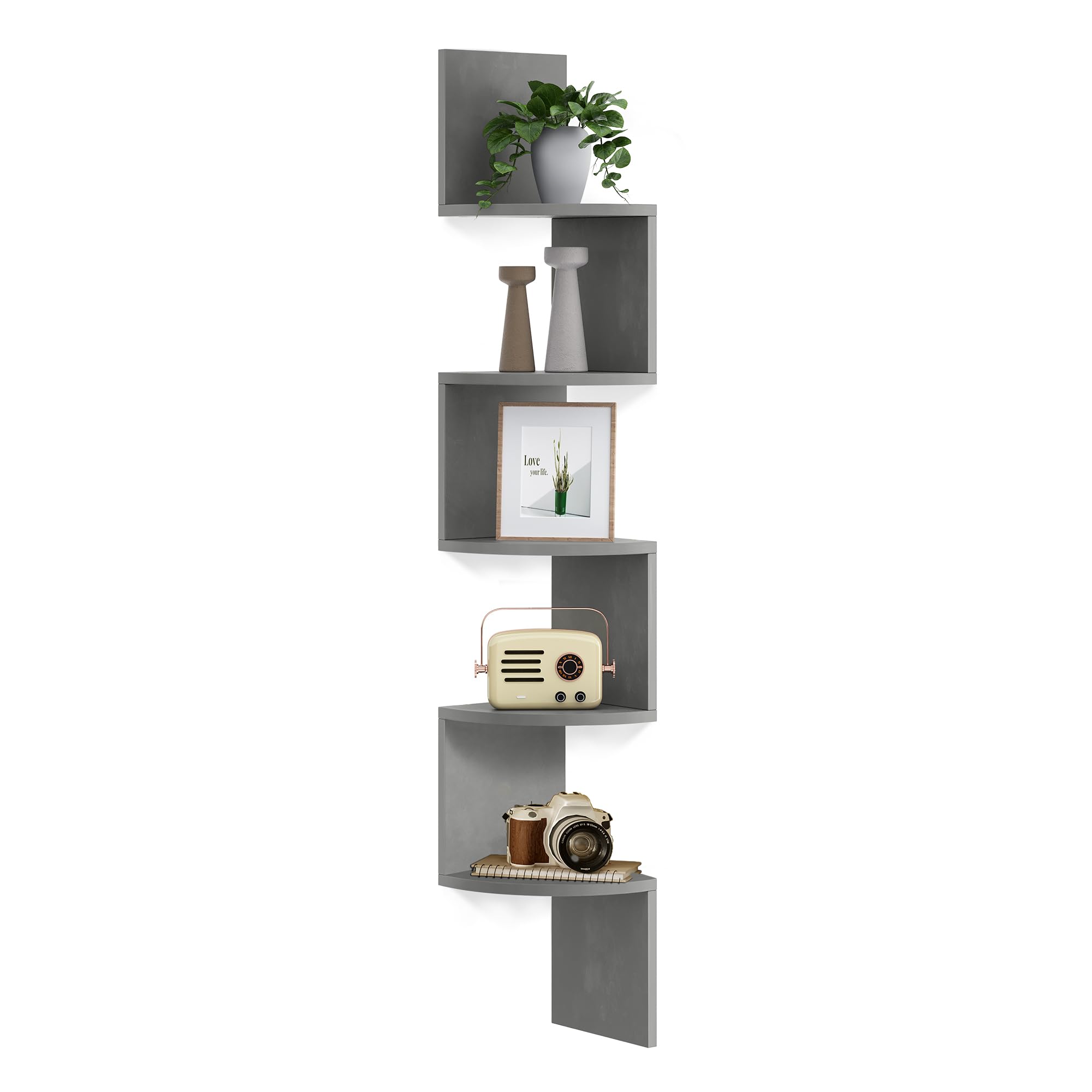 VASAGLE Corner Shelf Wall Mount, 5-Tier Floating Corner Bookshelf, Plant Shelf for Bedroom, Living Room, Bathroom, Home Office, Dove Gray