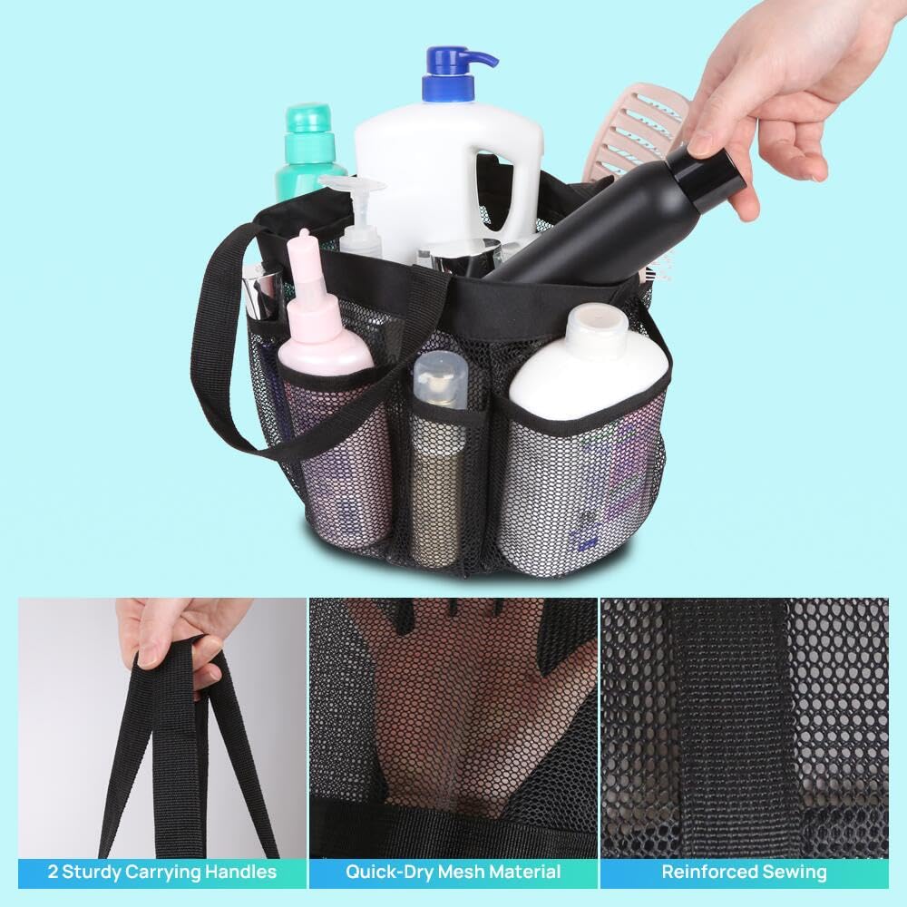 KAKULO Mesh Shower Caddy Portable for College Dorm Room Essentials, Portable Shower Caddy Dorm with 8-Pocket Large Capacity, Shower Bag for Beach, Swimming, Gym (Black 1PCS)