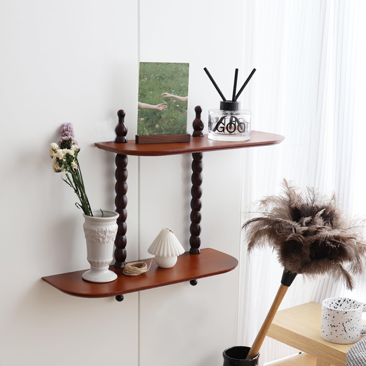 FRIADE 2-Tier Wall Mounted Floating Shelf with Two Roman Column,Decorative Display Shelf for Entrance,Bathroom, Bedroom, Living Room, Kitchen,Office (Brown)