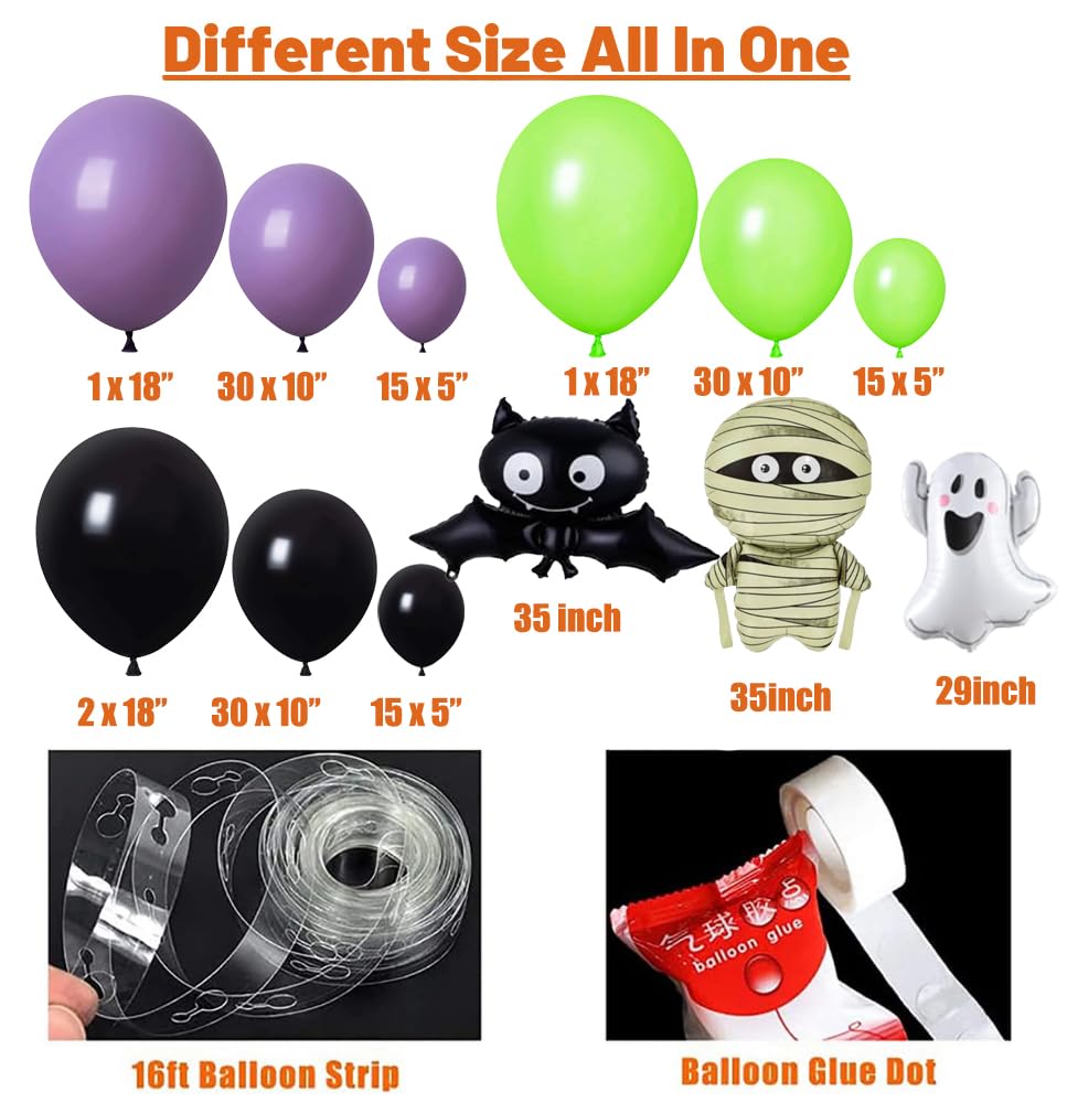 Beaumode Halloween Balloon arch with Mummy Bat Ghost Foil Balloons Black Purple Green Balloon 142pcs for Kids Spooky Ghost Party Birthday Baby Shower Decorations(Black Green Purple)