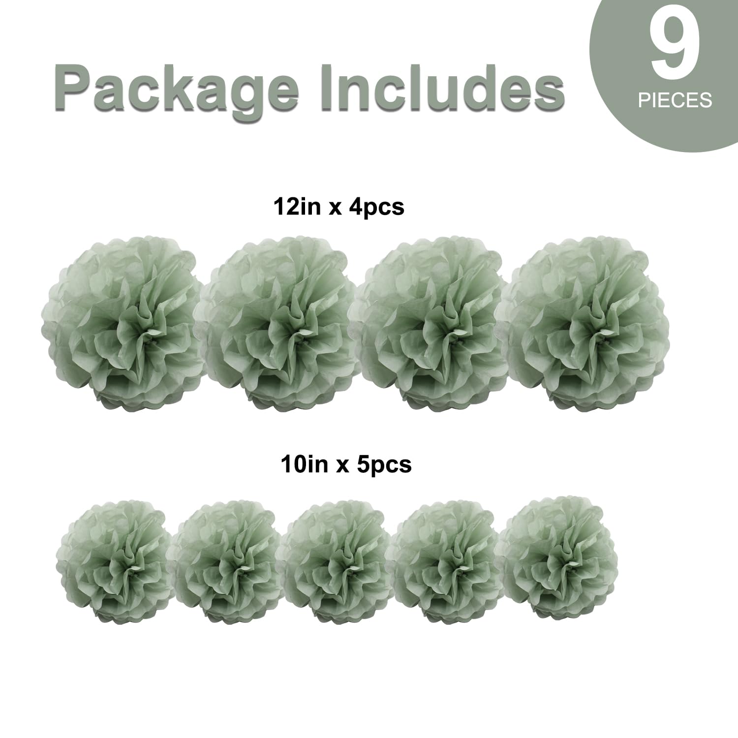 9PCS Dusty Sage Green Tissue Paper Pom Poms Flowers Wall Hanging Backdrop Streamers for Botanical Neutral Baby Shower Wedding Birthday Bridal Shower Nursery Room Garden Décor