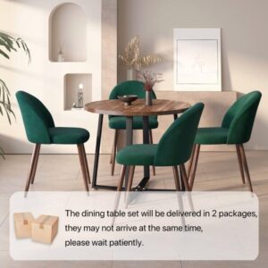 INO Design 5-Pieces Modern 35'' Inch Round Wooden Dining Table Set for 4 Comfortable Velvet Chairs, Space Saving Kitchen Furniture, Small Apartment Coffee Table Set (Green)