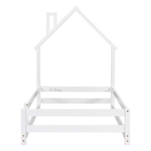 Harper & Bright Designs Twin Size Floor Bed with Rails and House-Shaped Headboard, Wood Twin Montessori Floor Bed Frame,Twin Platform Bed,Twin House Bed for Kids Girls Boys, Box Spring Needed (White)