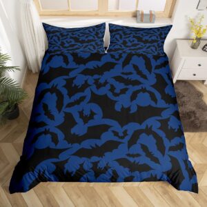 castle fairy halloween themed bedding set king size for woman men,black bats animal print comforter cover with 2 pillowcases,dark navy blue color duvet cover set microfiber quilt cover