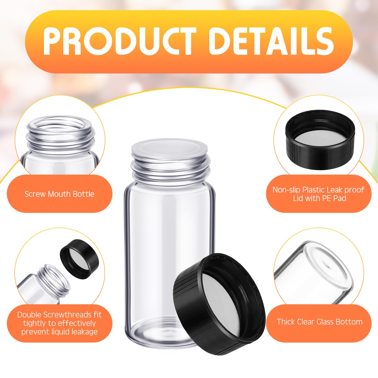 Ziliny 110 Pack 20 ml Glass Vials Clear Small Empty Glass Sample Bottles with Screw Cap Plastic Stoppers, Shims and Plastic Mini Funnels, Sample Leakproof Small Vials Storage Container