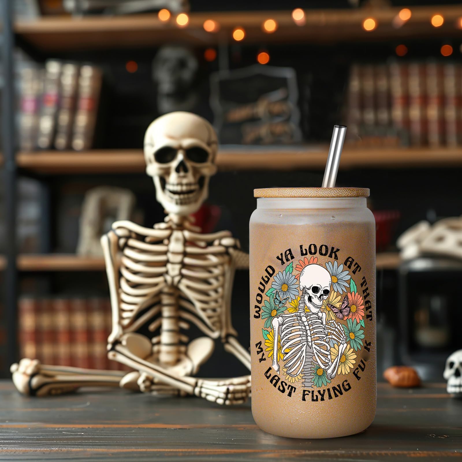 GSPY Skeleton Cup, Halloween Glass Cups with Lids and Straws - 16 oz Iced Coffee Cups, Funny Spooky Skull Tumbler - Witchy Gifts for Women - Christmas, Halloween Gifts for Friend, Sister, Mom