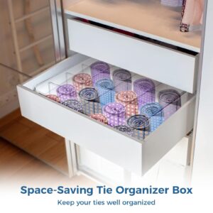 Varku Tie Organizer Box, 16-Cell Clear Tie Rack Organizer, Stackable Tie Display Rack, Drawer Closet Storage Bin with Lid, Storage Box for Ties