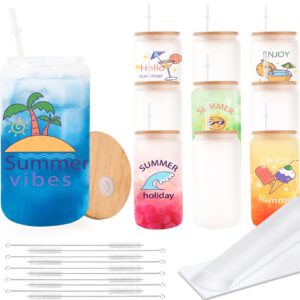 joyclub 8 pack sublimation glass cups with bamboo lids and straws, 16 oz frosted glass cans blanks with shrink wrap films for iced coffee beer juice soda diy gift