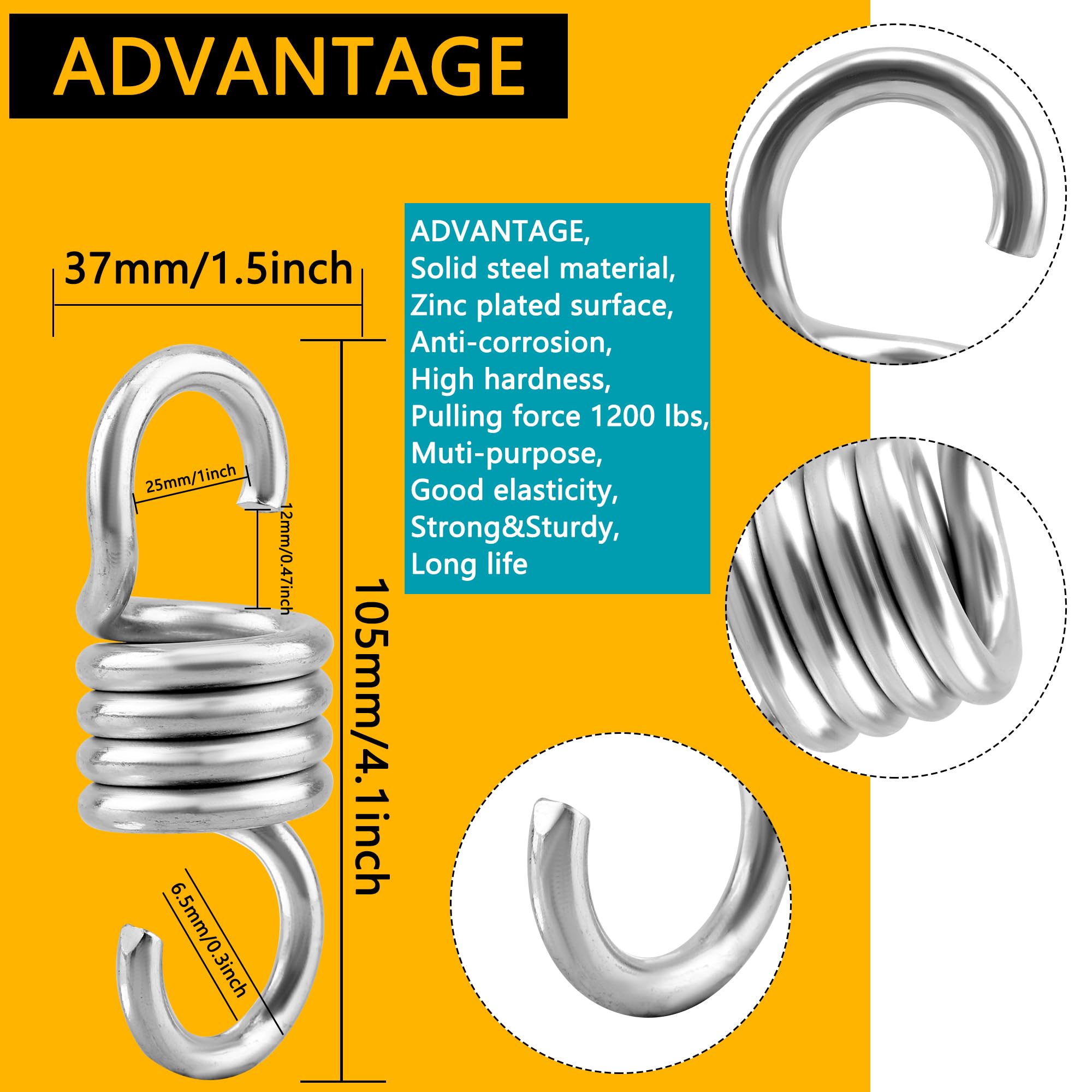 8 Pcs Swing Spring Heavy Duty Hanging Springs Porch Swing 2640lbs Hammock Hanger Springs for Swings Hammock-Chair Ceiling Mount Replace, (660lbs x 4)