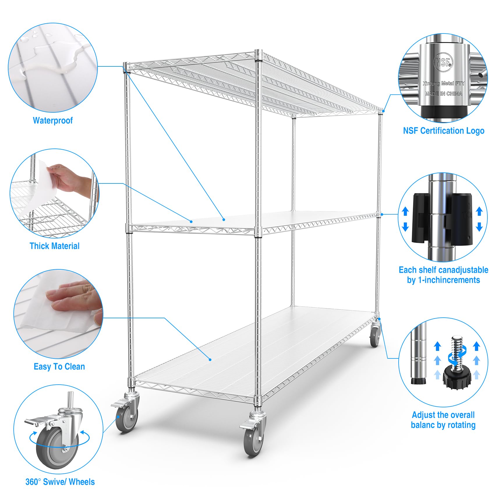 3 Tier 3000lbs Capacity NSF Metal Shelf Wire Shelving Unit, Heavy Duty Adjustable Storage Rack with 5in Wheels & Shelf Liners and Extensible Designs Utility Storage Rack, Chrome - 62"H x 72"L x 24"D