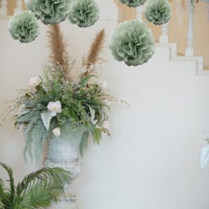 9PCS Dusty Sage Green Tissue Paper Pom Poms Flowers Wall Hanging Backdrop Streamers for Botanical Neutral Baby Shower Wedding Birthday Bridal Shower Nursery Room Garden Décor