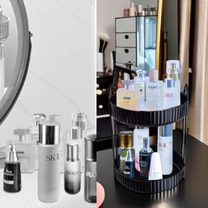 Lvssci 2 Tier 360° Rotating Makeup Organizer,Bathroom Makeup Carousel Spinning Holder Rack, High-Capacity Skincare Clear Make Up Storage Perfume Organizers Cosmetic Dresser