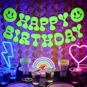 xo, fetti happy birthday smiley rave banner - neon, 5 ft. | fun birthday party decorations, cute festival bday decor, hbd, preppy party, glow photobooth backdrop, groovy kids party