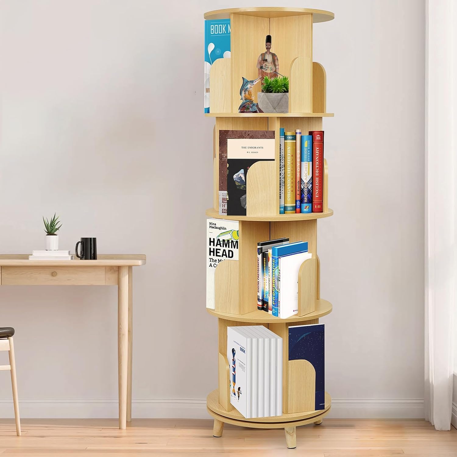 ybaymy Rotating Bookshelf, 4 Tier Floor Standing Bookcase Storage Rack, 360° Spinning Bookshelf with Legs Floor-Standing Bookcase Storage Rack for Bedroom, Living Room