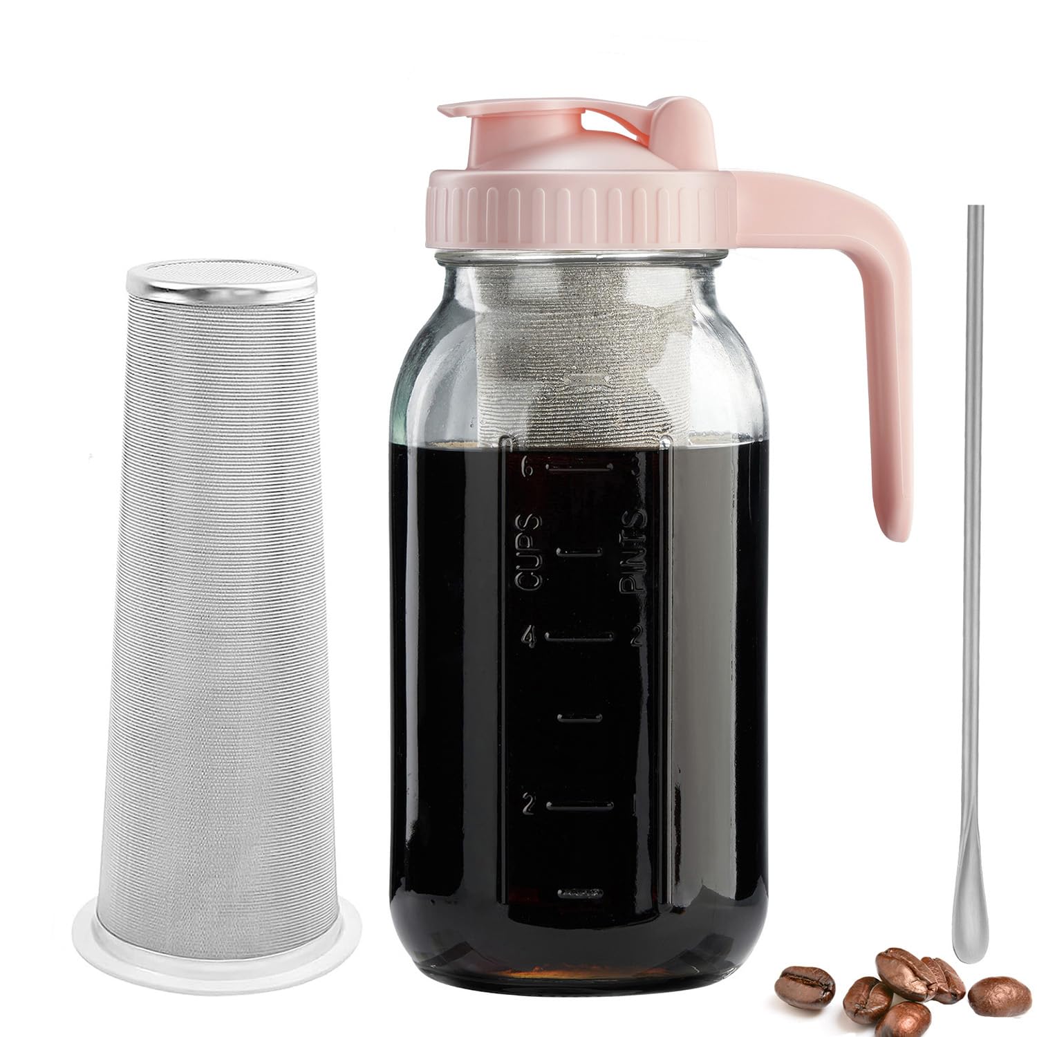 Cold Brew Coffee Maker with V-shaped Lid, 64oz Cold Brew Pitcher with Stainless Steel Filter, BPA Free Sturdy Mason Jar Cold Brew Maker for Coffee, Iced Tea, Sun Tea, Lemonade