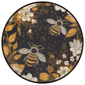 OMFUNS Animal Bee Round Area Rug Bedroom 5.2 Ft, Daisy Floral Circle Floor Mat Non-Slip Washable Accent Throw Rugs Carpet for Living Room Kids Room Nursery Entryway Laundry